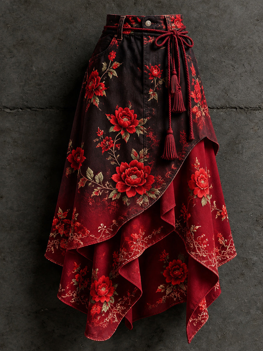 Women's Retro Style Art Print Irregularly Layered Stitched Skirt